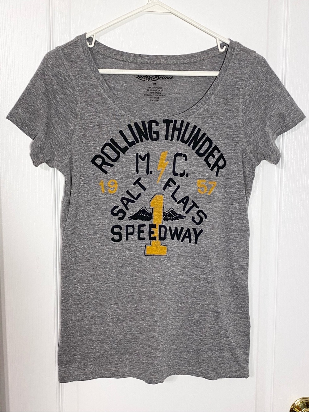 Y2K Lucky Brand Rolling Thunder M.C. Salt Flats Speedway Graphic Tee Gray Medium
